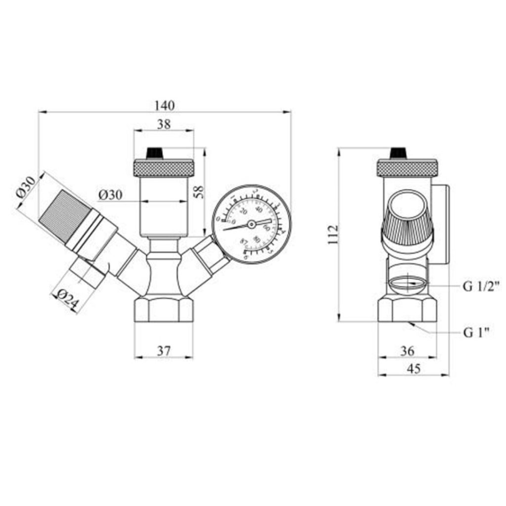 Grupul de securitate KARRO KR 88138 SUPER cu iesiri la 45° desen tehnic
